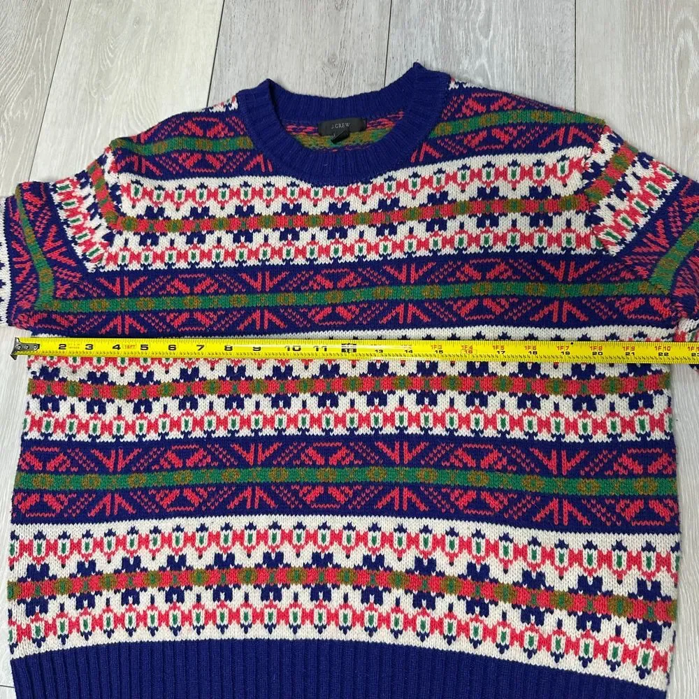 Lambs wool j crew multi color red green pattern pullover knit sweater size small